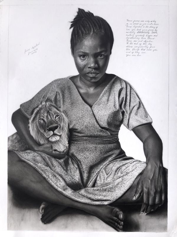 An original charcoal drawing titled 'fears defeated'